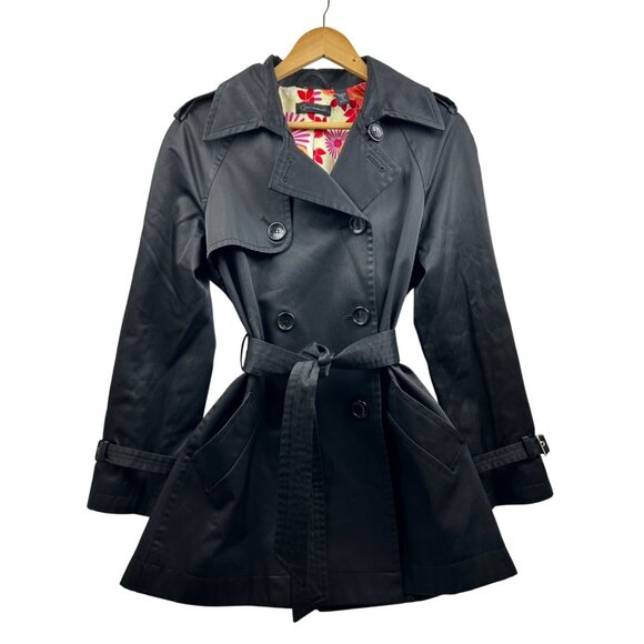 Context Trench Coat Womens M Belted Double Breasted Floral Lining Blk Retro Chic - Picture 1 of 13